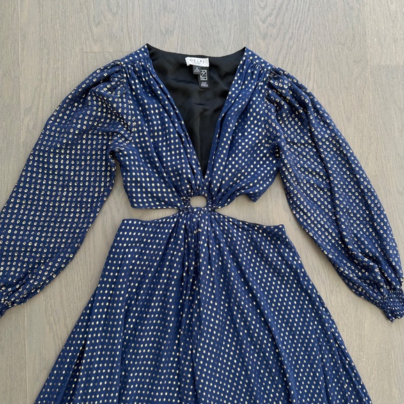 DELFI Collective Cerise Gown Blue Polka Dot Silk Metallic Gold Cut Out - Small - Picture 4 of 12